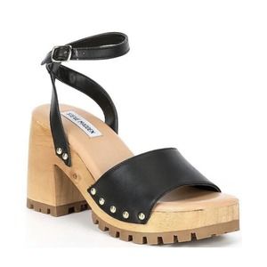 Steve Madden Ocala Black Leather Ankle Strap Squared Open Toe Wood-Like~ Size 9